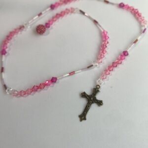 Pink Beaded Rosary with Bronze Cross bookmark